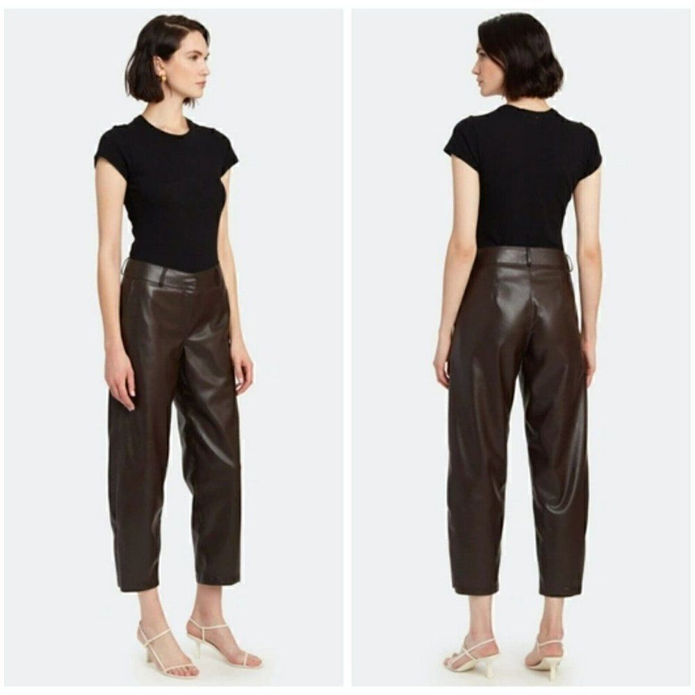 Stylein - XS - Verde Vegan Leather Straight Cropped Pants  Brown‎